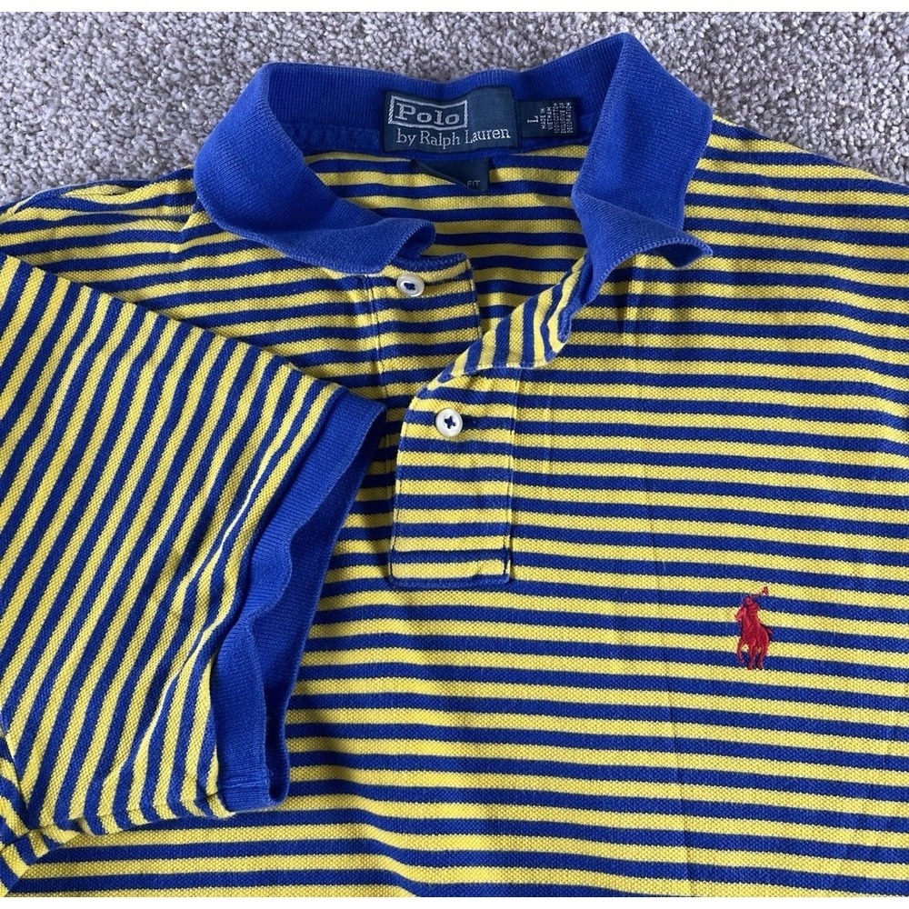 Polo Ralph Lauren Yellow/Blue Striped Polo Red Pony Slim Fit Mens Large Preppy